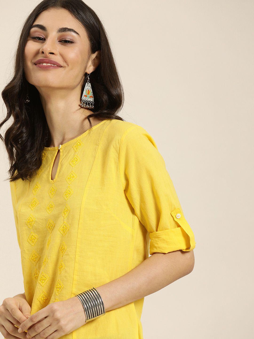 taavi women yellow embroidered chikankari pure cotton kurtis with roll-up sleeves