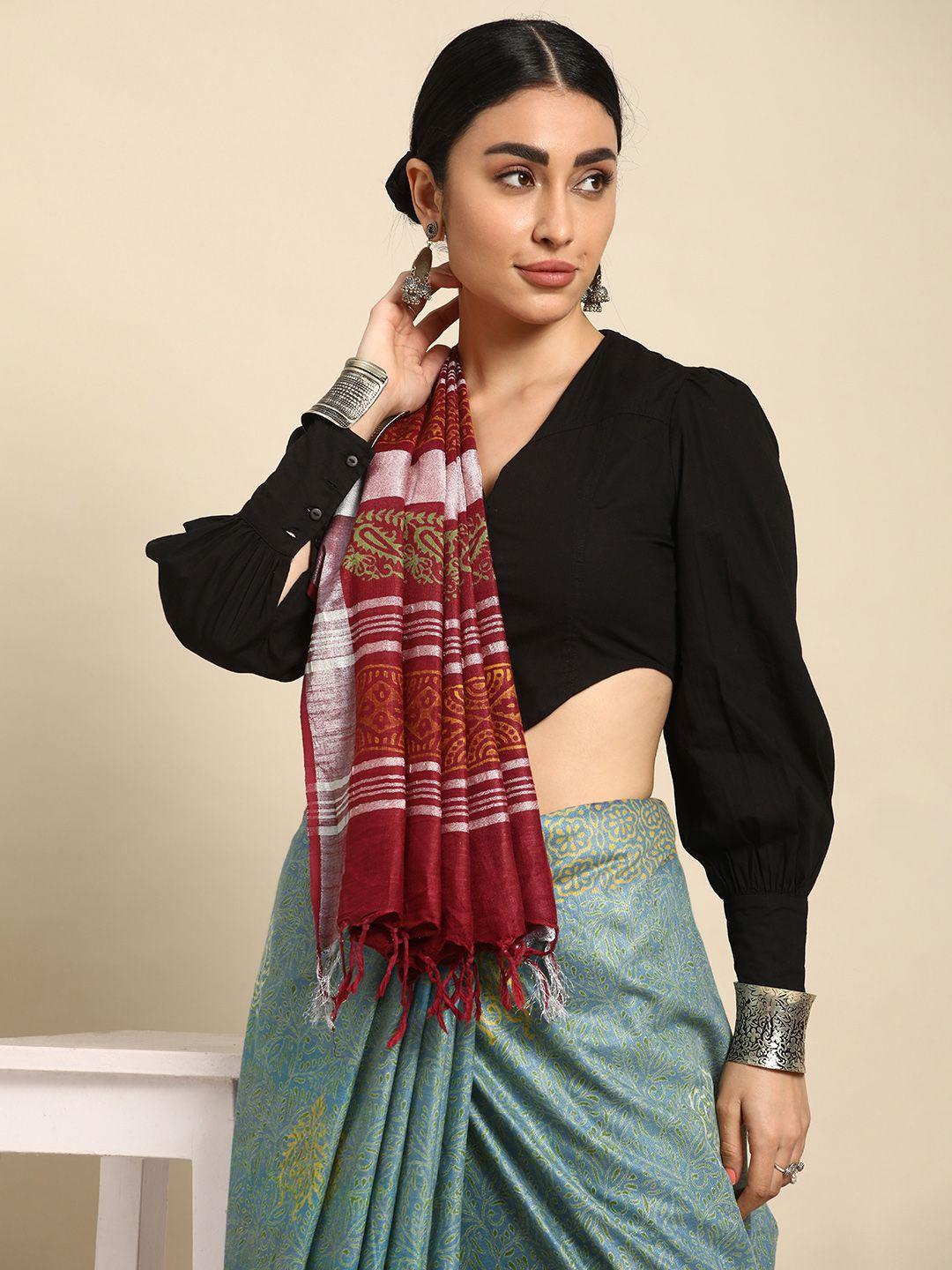 taavi woven design zari pure cotton handloom sustainable block print saree