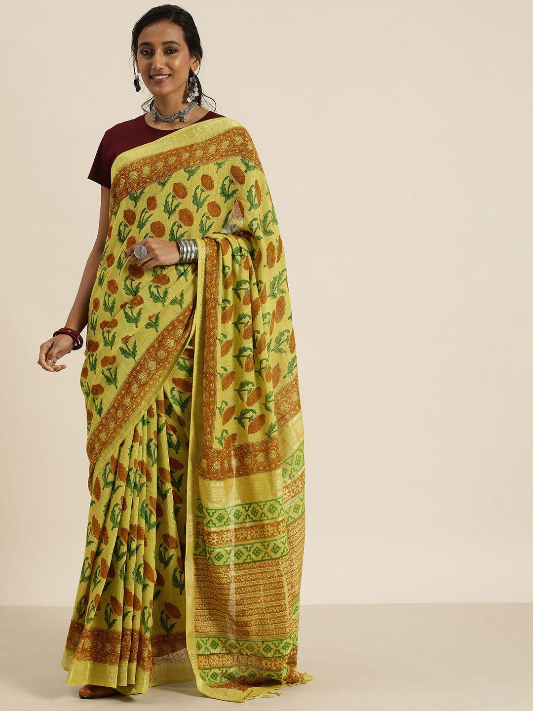 taavi yellow & green floral sanganeri block print saree