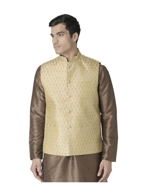 tabard beige regular fit printed nehru jacket