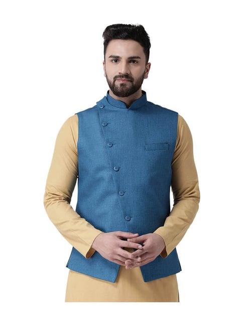 tabard blue cotton regular fit nehru jacket