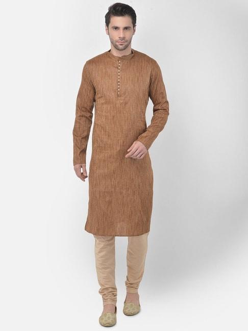 tabard brown & beige cotton regular fit self pattern kurta bottom set