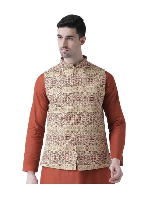 tabard maroon & beige sleeveless printed nehru jacket