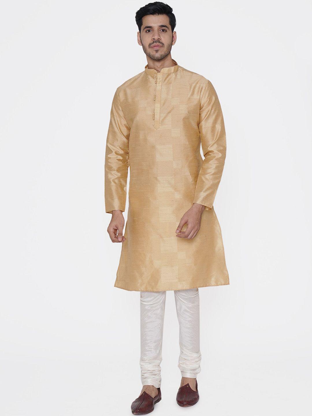 tabard men beige & off-white dupion silk kurta with churidar