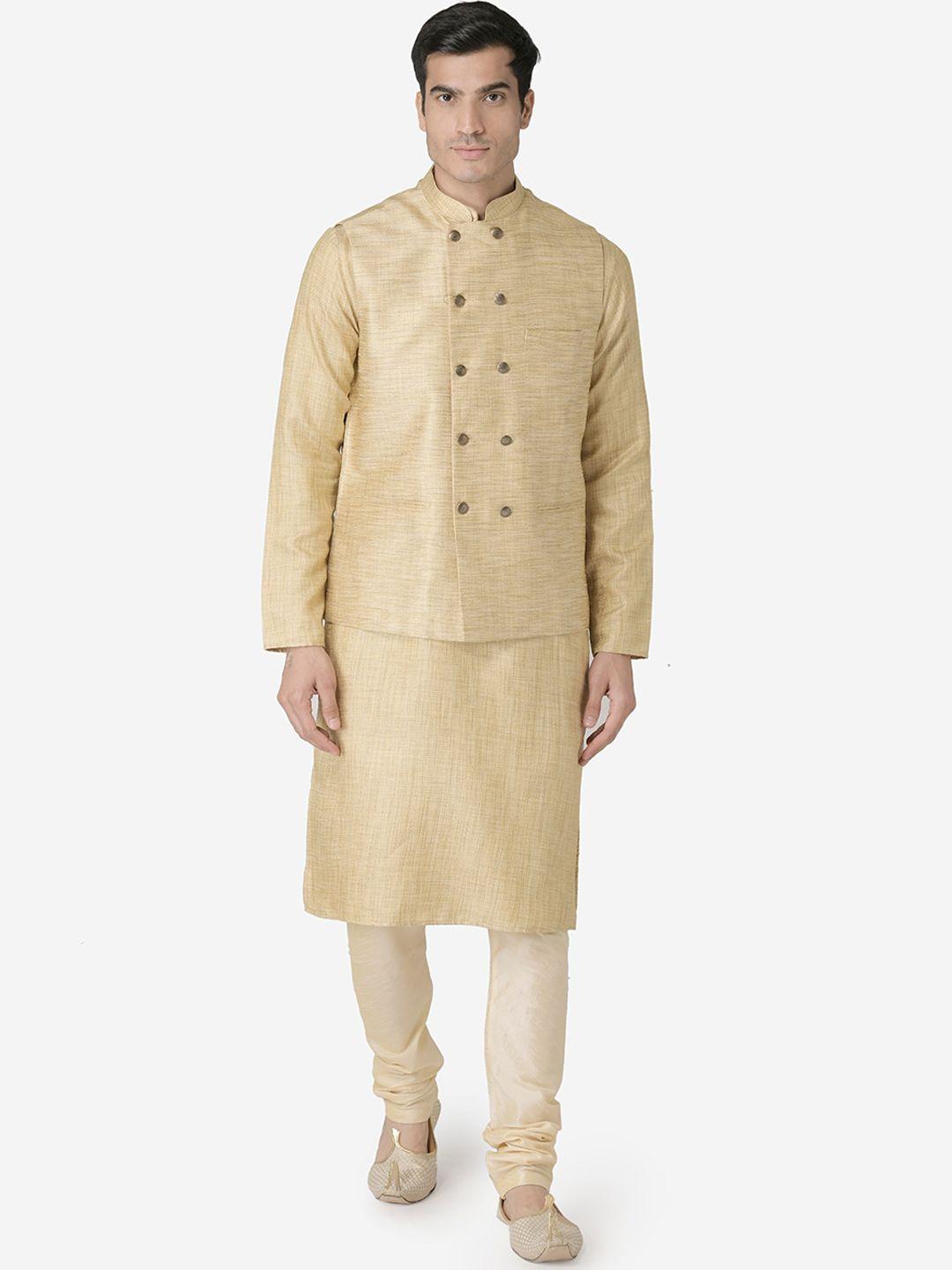 tabard men beige dupion silk kurta with churidar & nehru jacket