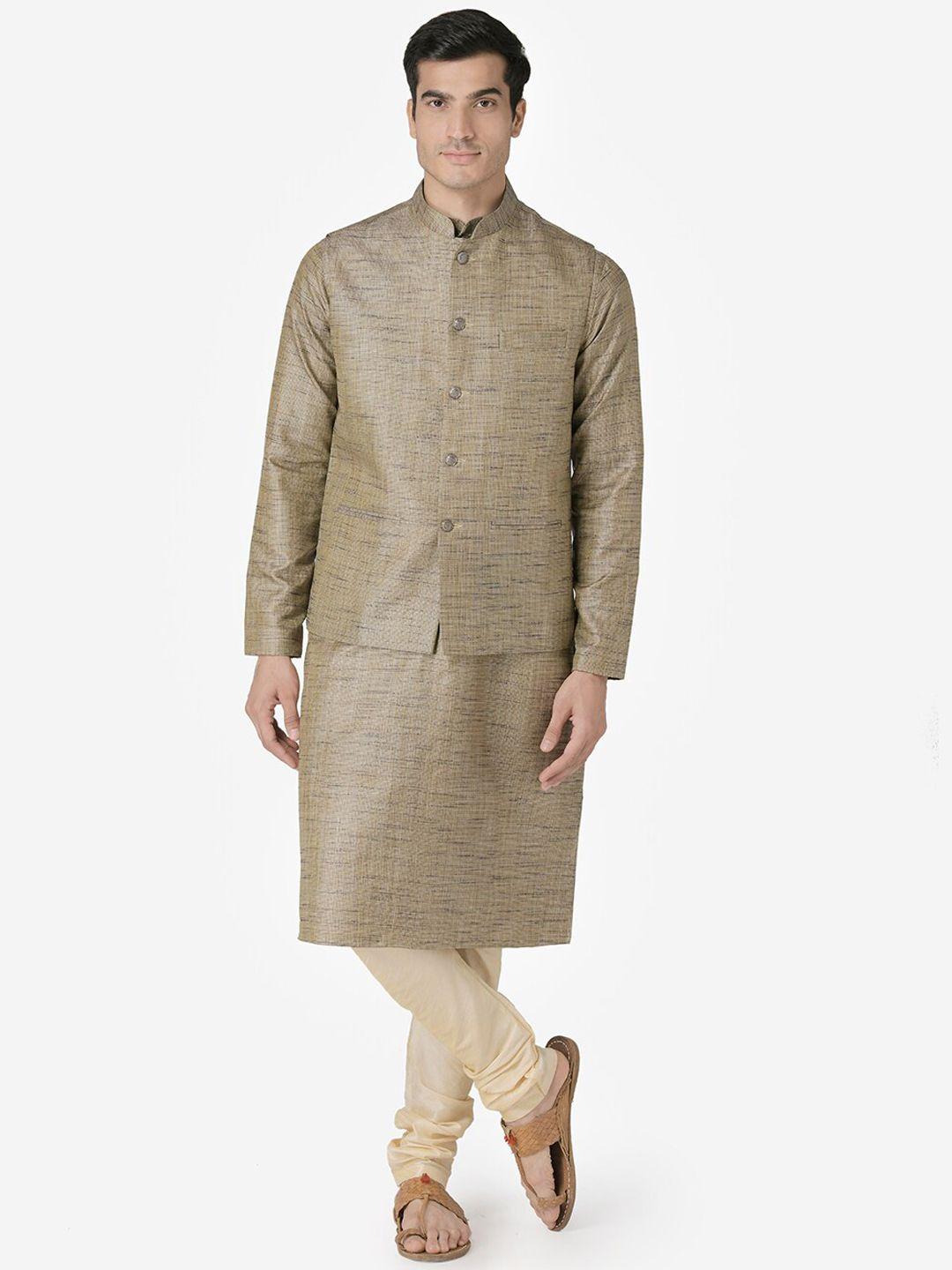tabard men beige regular pure silk kurta with churidar and nehru jacket
