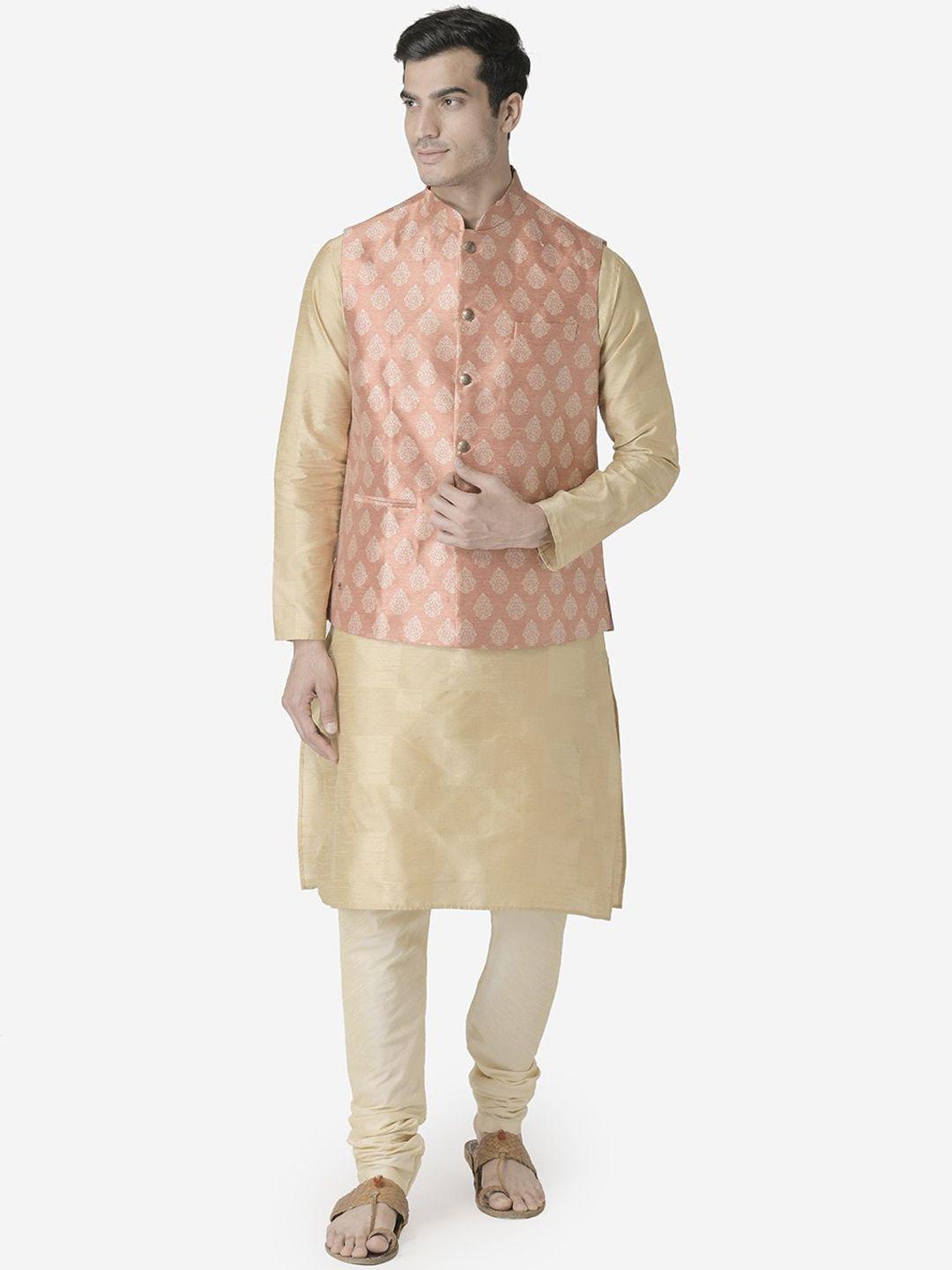 tabard men beige regular pure silk kurta with pyjamas and nehru jacket