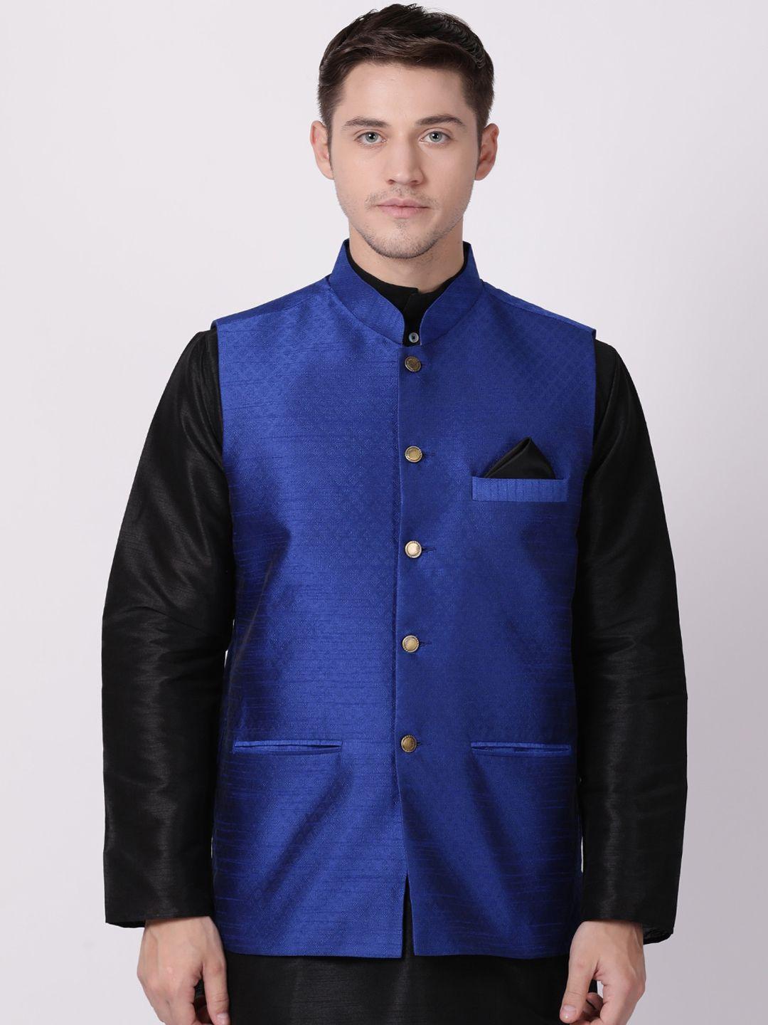 tabard men blue & black self design nehru jacket set