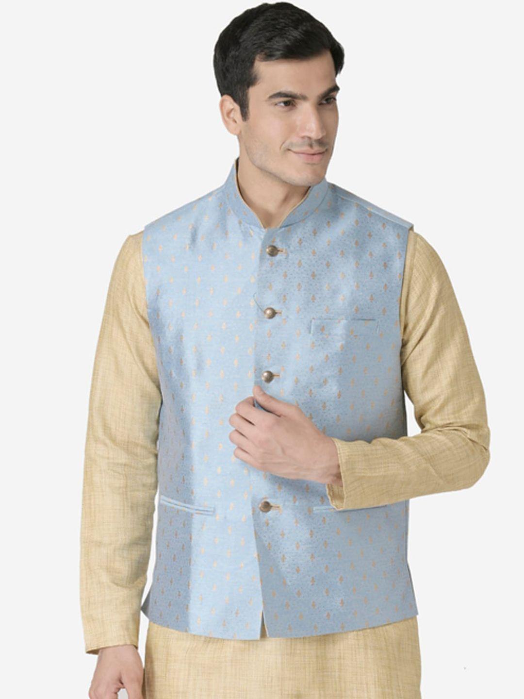 tabard men blue & gold-coloured woven design nehru jacket