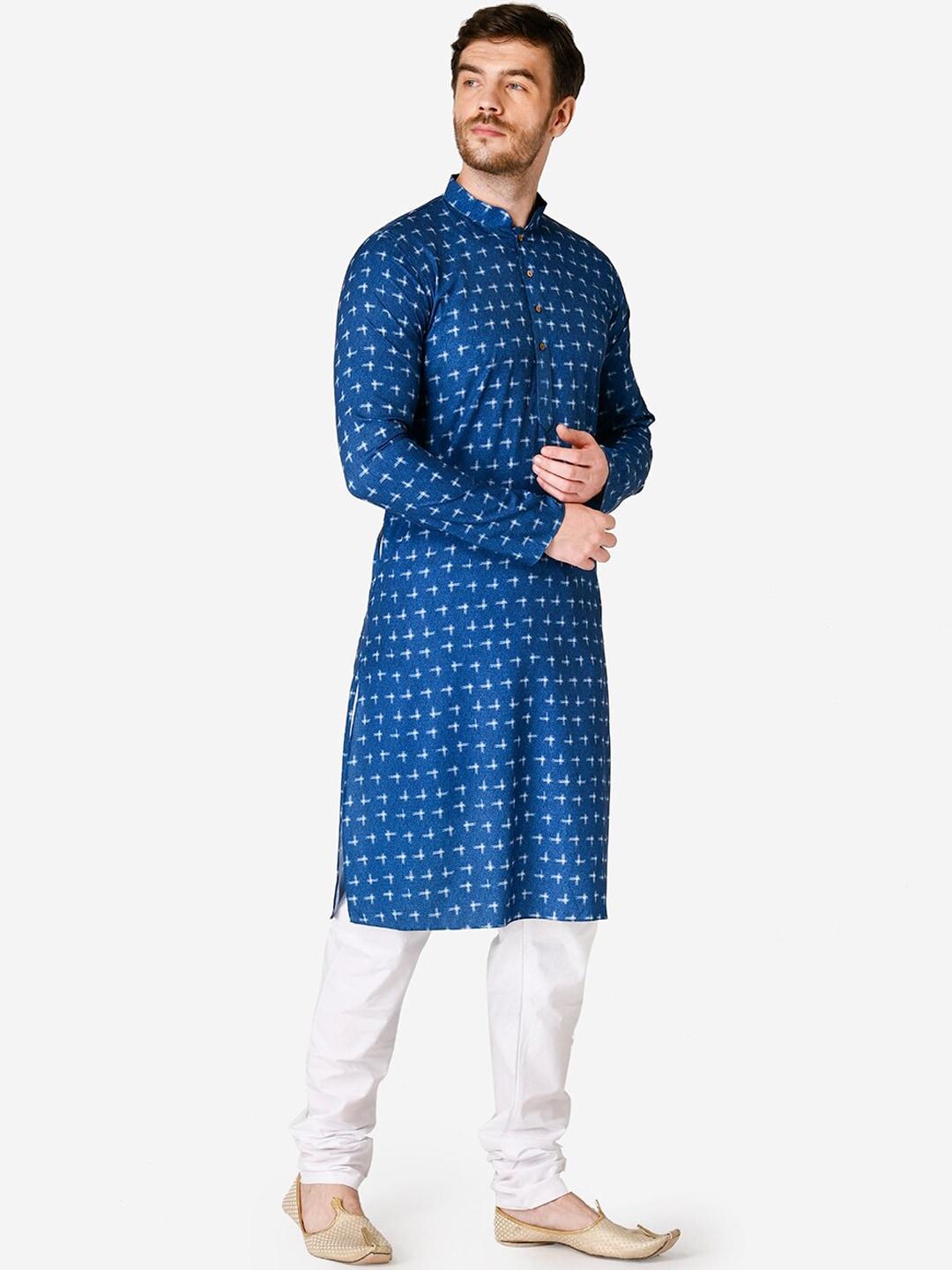 tabard men blue & white printed pure cotton kurta with pyjamas