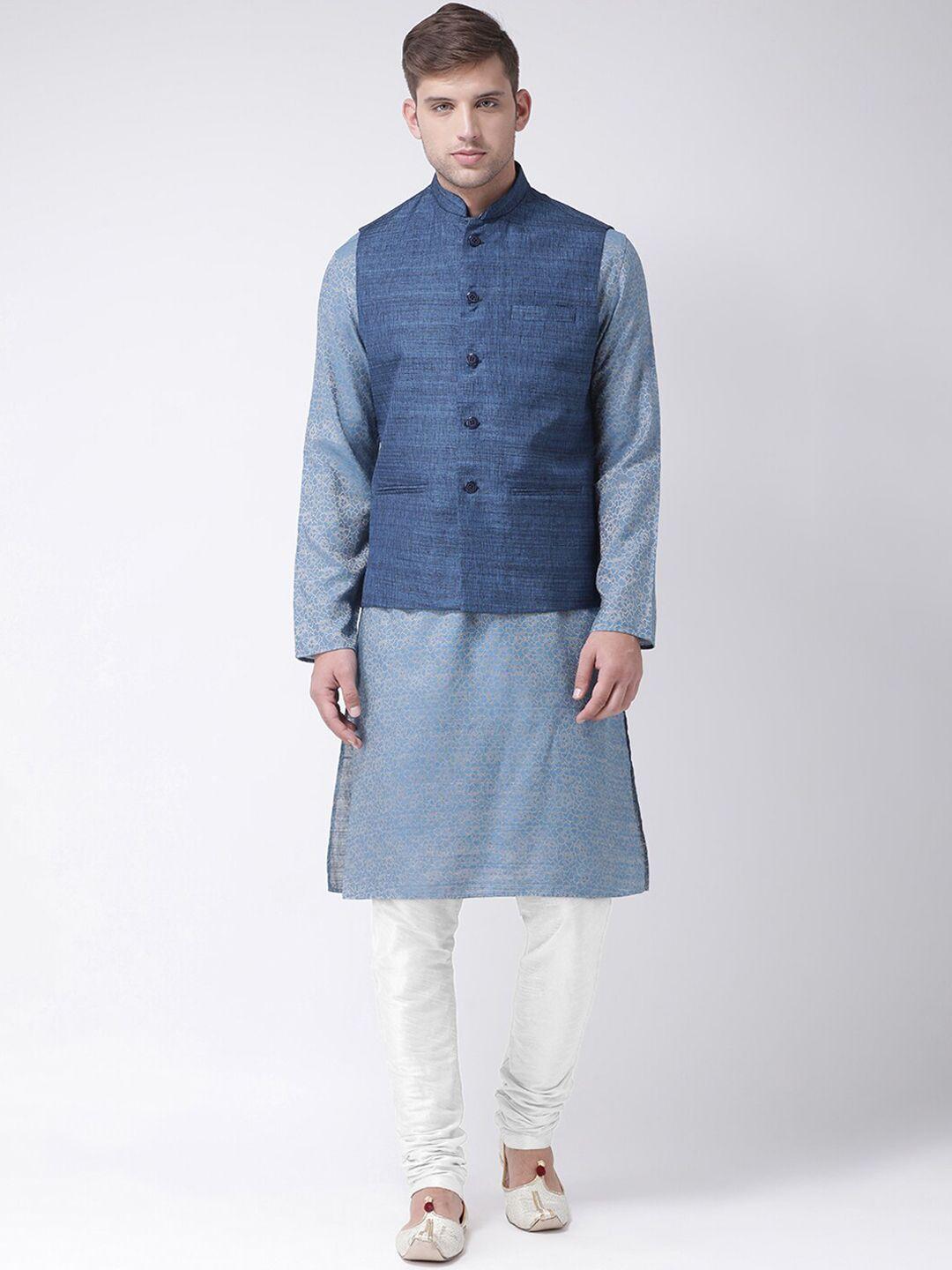 tabard men blue kurta with churidar & nehru jacket