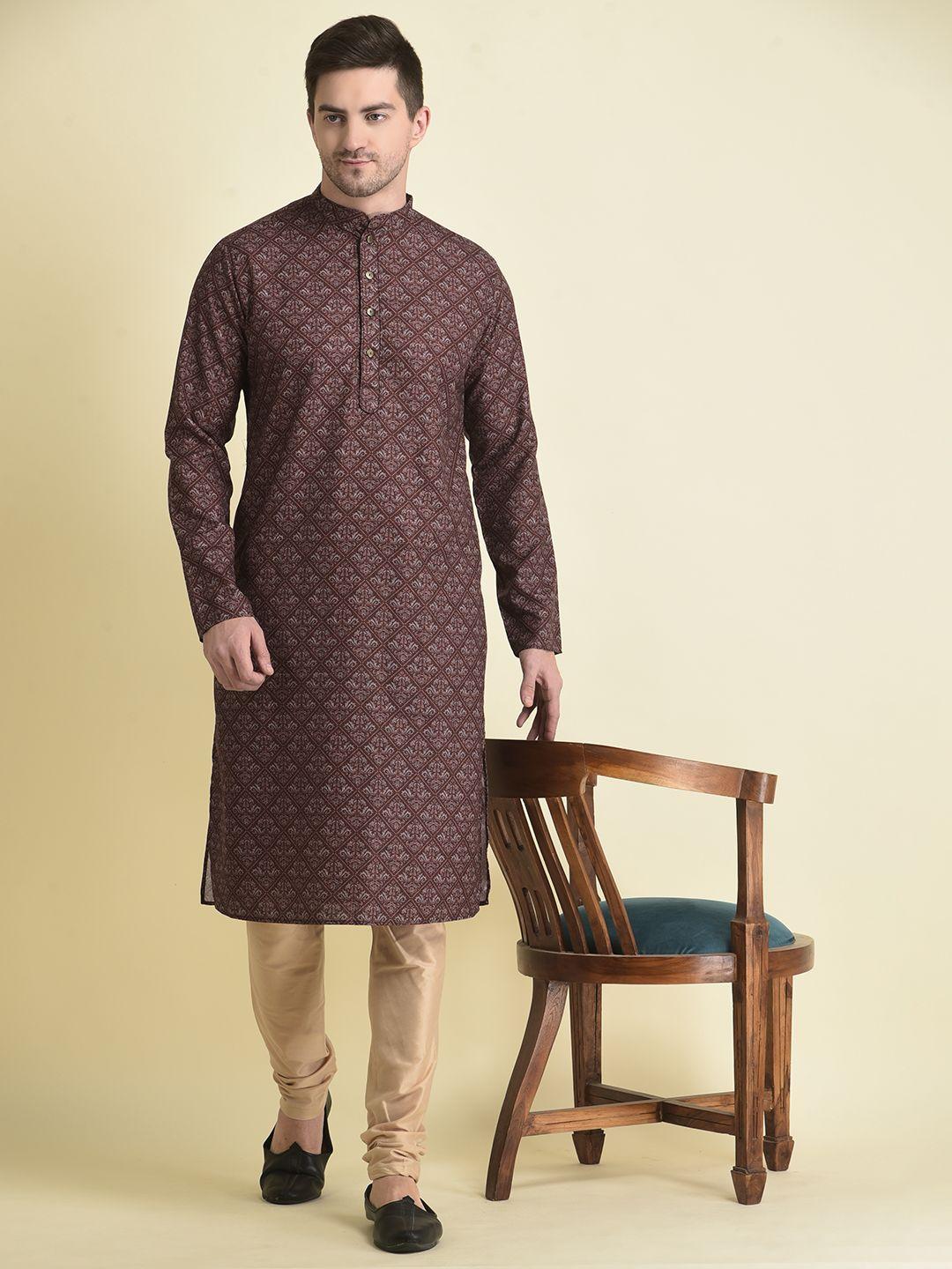 tabard men brown cotton ethnic motifs printed kurta