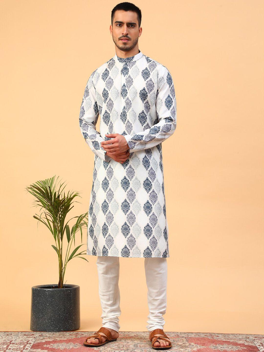 tabard men cream-coloured ethnic motifs printed regular pure cotton kurta with churidar