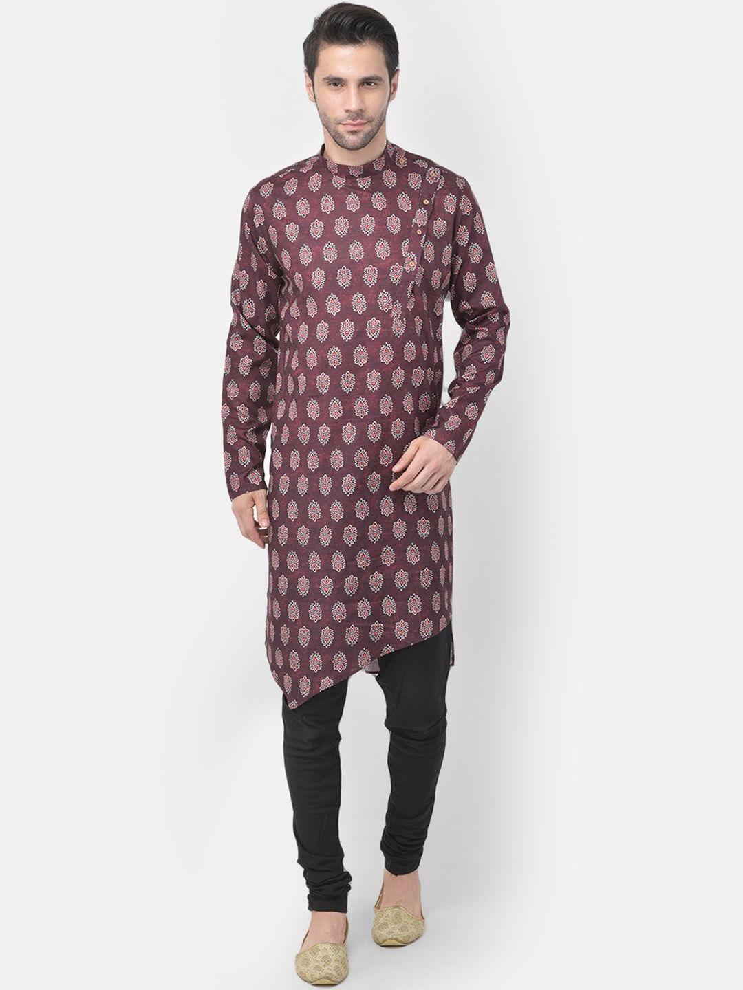 tabard men maroon ethnic motifs printed angrakha pure cotton kurta with churidar