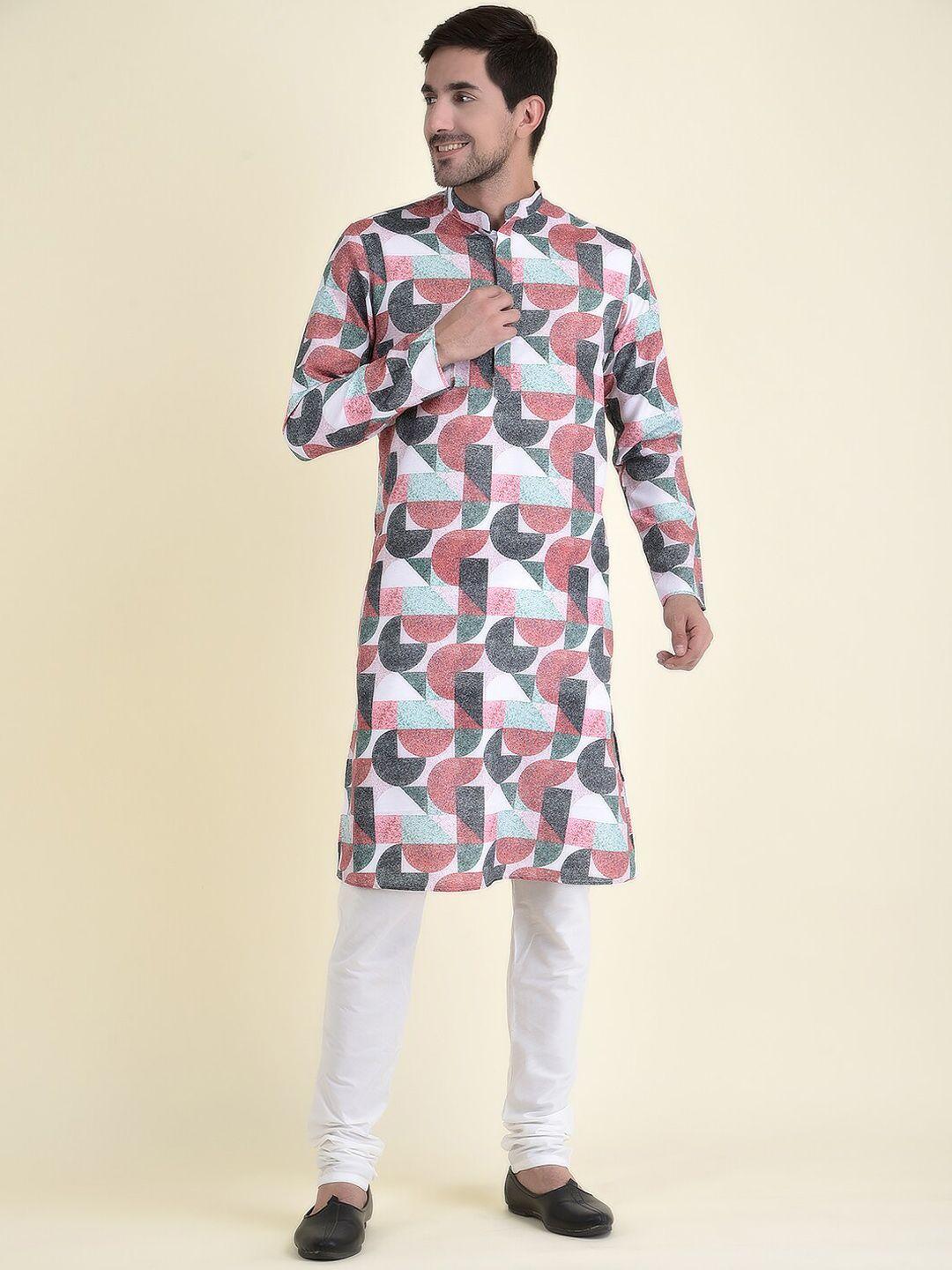 tabard men maroon geometric printed pure cotton kurta with churidar