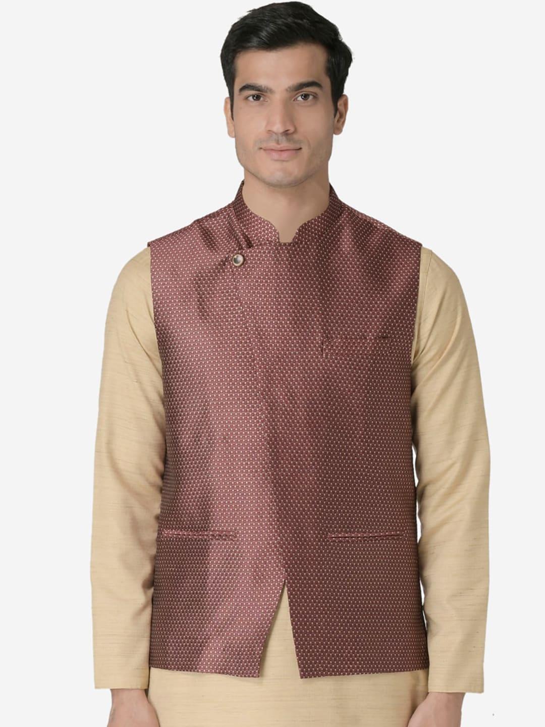 tabard men maroon woven-design nehru jacket