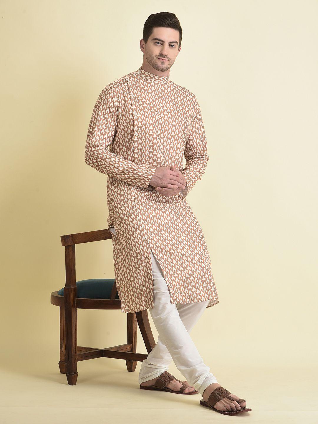 tabard men mustard yellow & white geometric printed cotton angrakha kurta