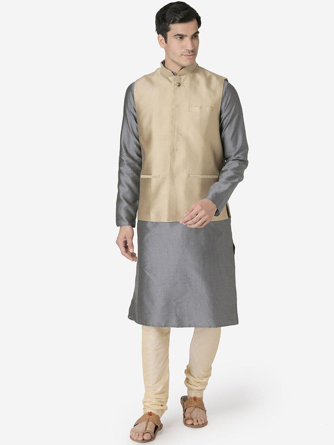 tabard men navy blue regular pure silk kurta with churidar and nehru jacket