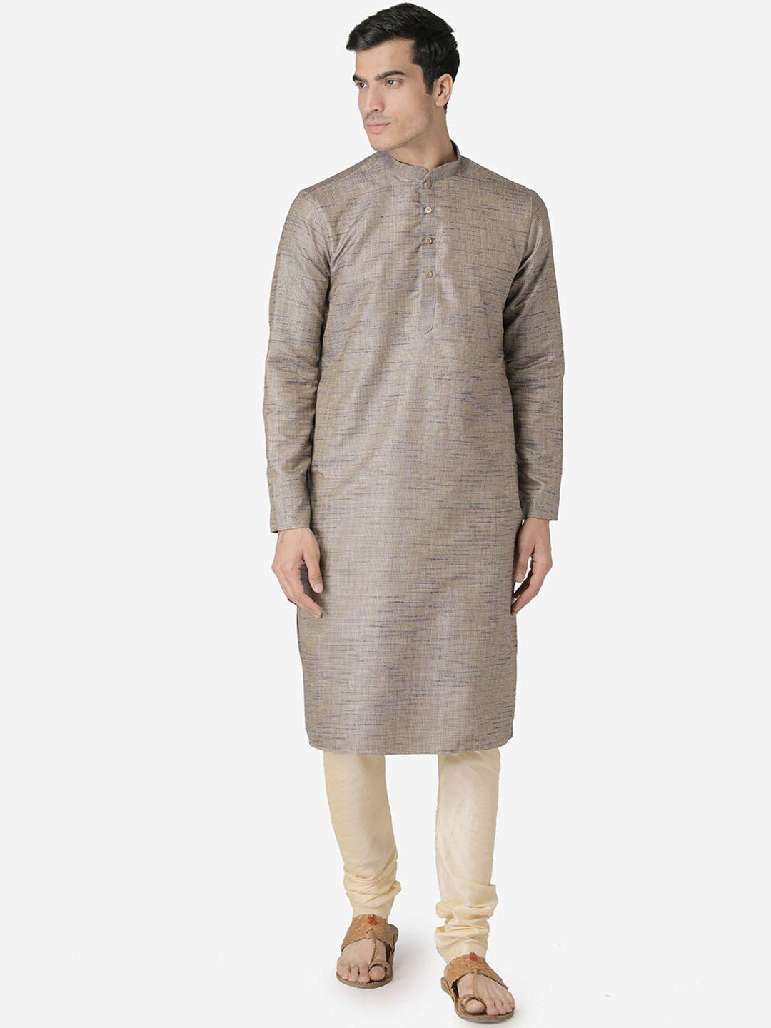tabard men navy blue regular pure silk kurta with pyjamas and nehru jacket