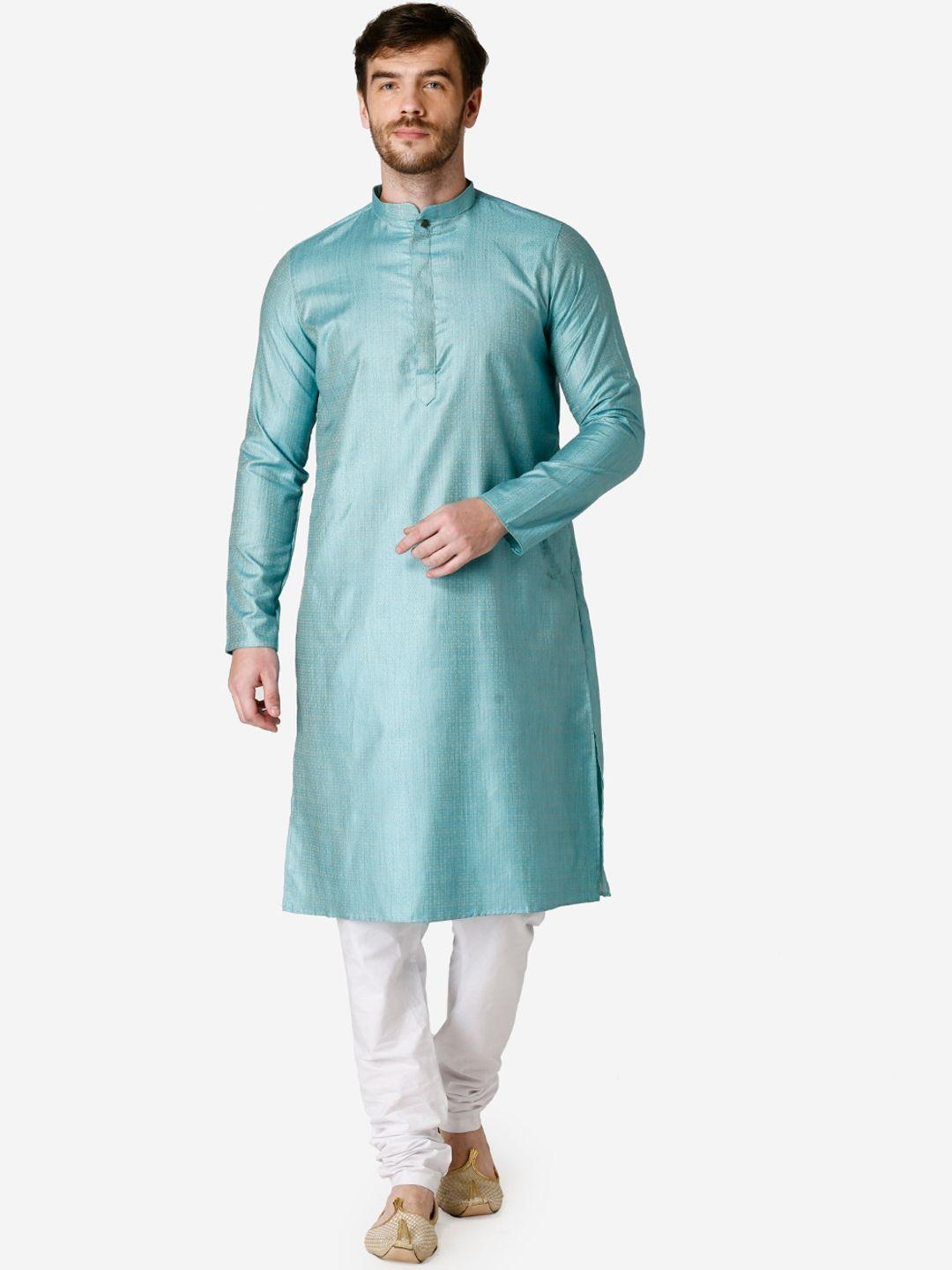 tabard men turquoise blue & white woven design kurta with churidar
