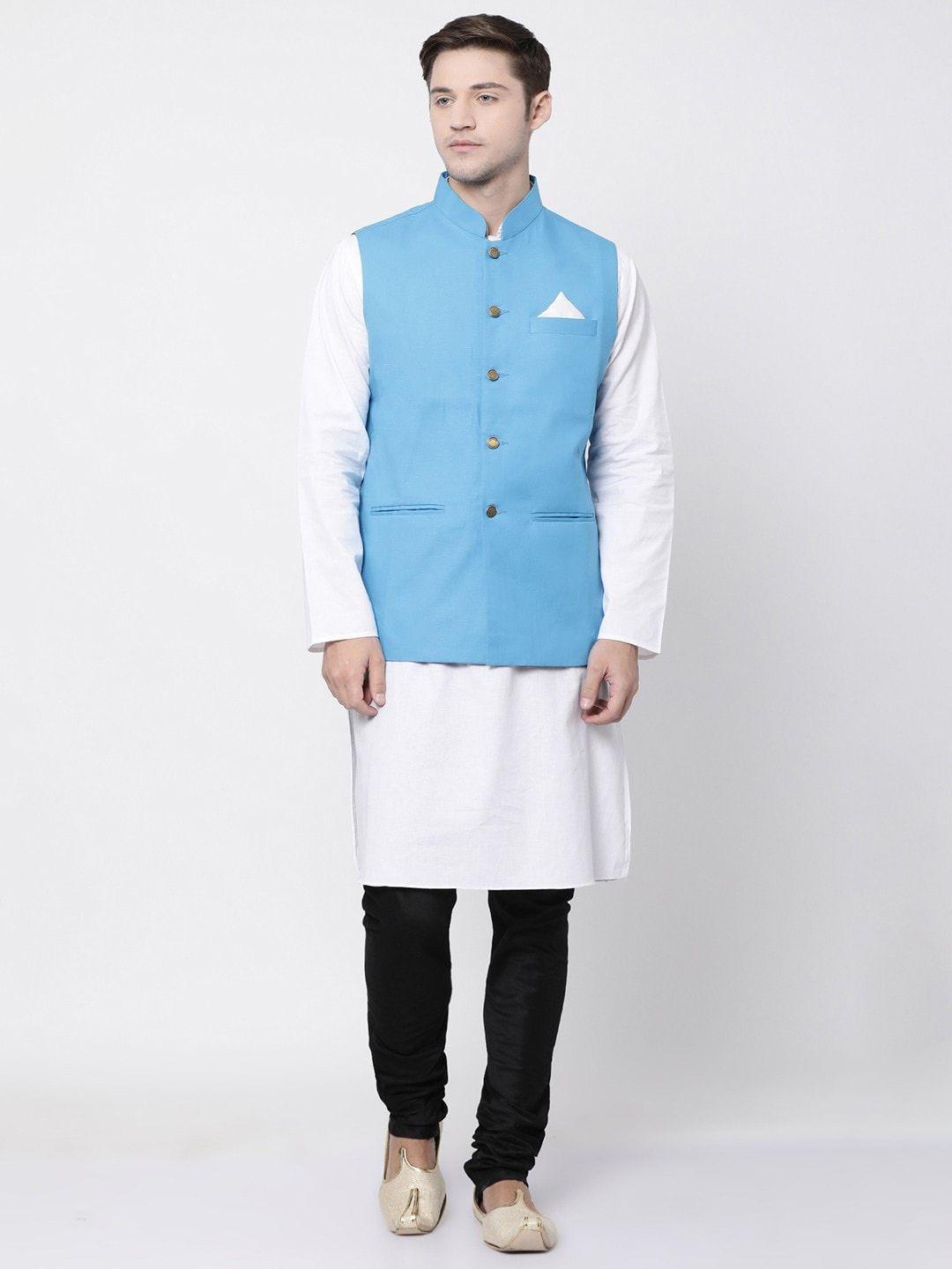 tabard men white & black solid kurta set with nehru jacket