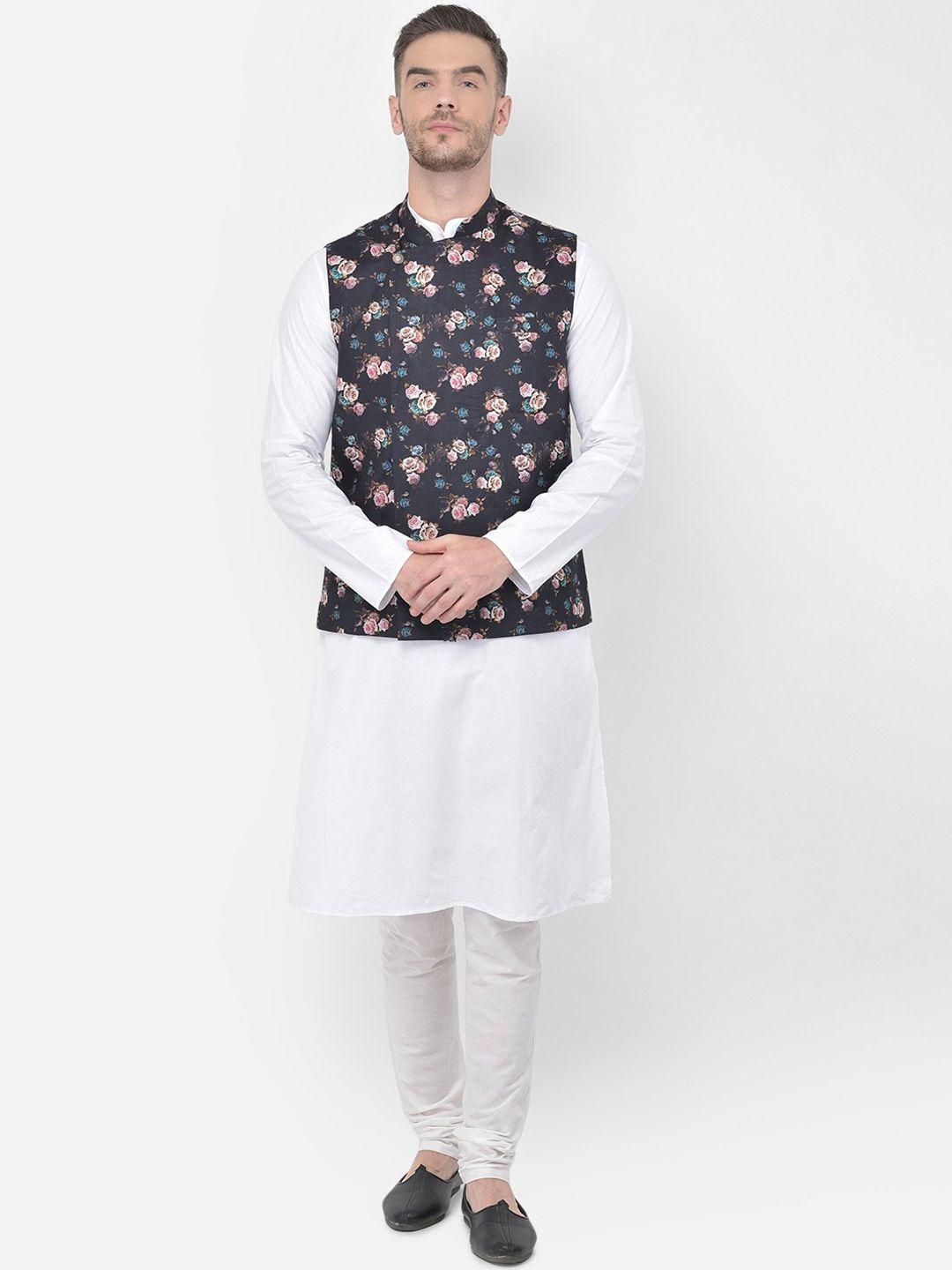 tabard men white regular pure cotton kurta with churidar and nehru jacket