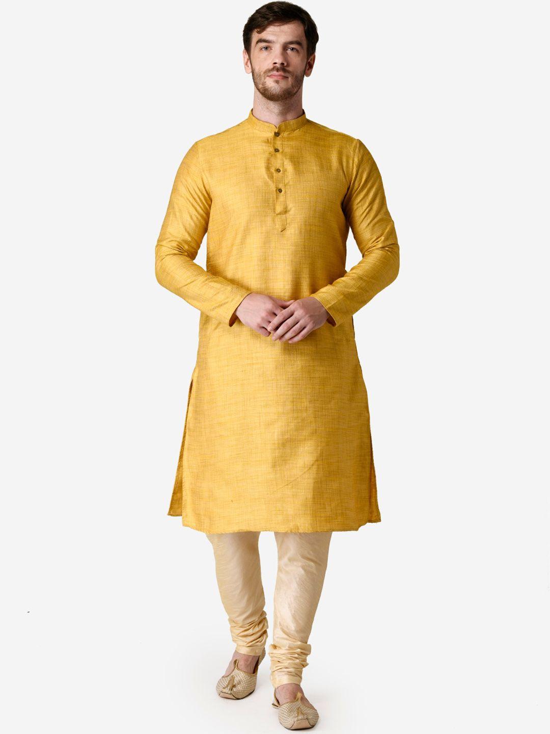 tabard men yellow & beige straight kurta with churidar