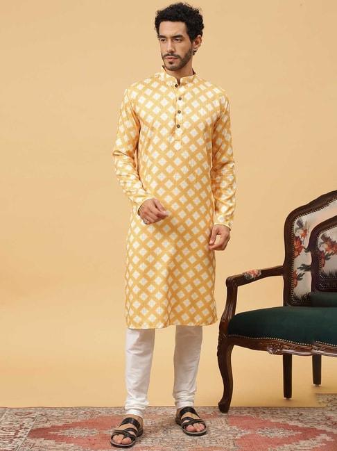 tabard yellow & white regular fit embroidered kurta & churidar set