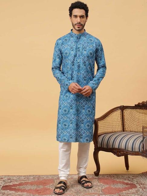 tabard blue & white regular fit printed kurta & churidar set