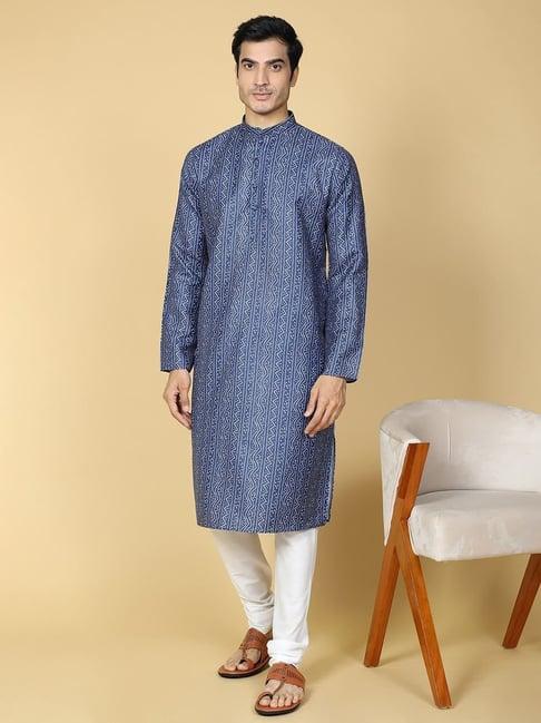 tabard blue cotton regular fit printed kurta bottom set