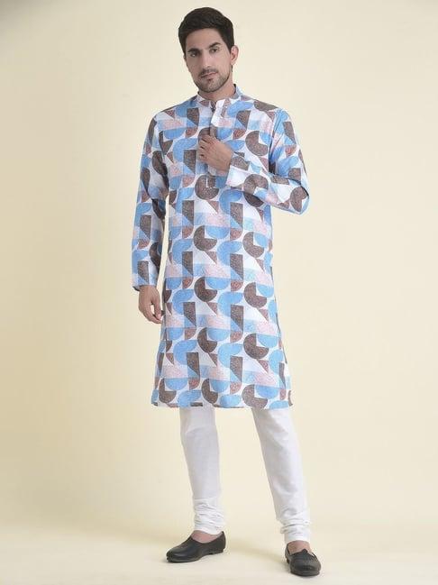 tabard blue cotton regular fit printed kurta