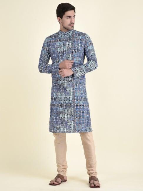 tabard blue cotton regular fit printed kurta