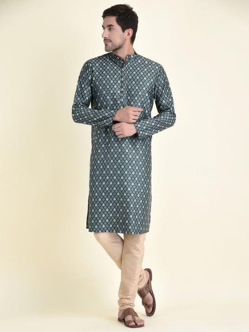 tabard blue cotton regular fit printed kurta