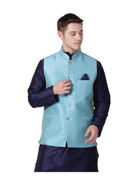 tabard blue mandarin collar regular fit nehru jacket