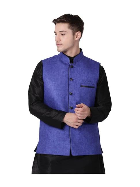tabard blue sleeveless mandarin collar solid nehru jacket