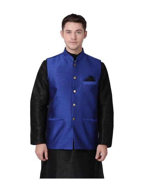 tabard blue solid regular fit nehru jacket