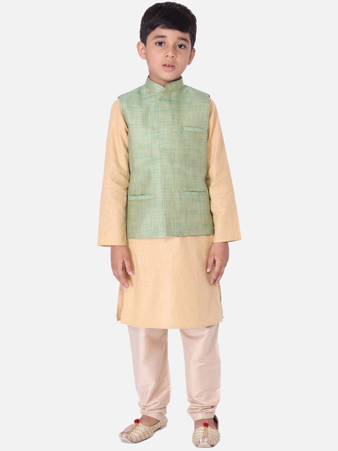 tabard boys beige pure cotton kurta with churidar & nehru jacket