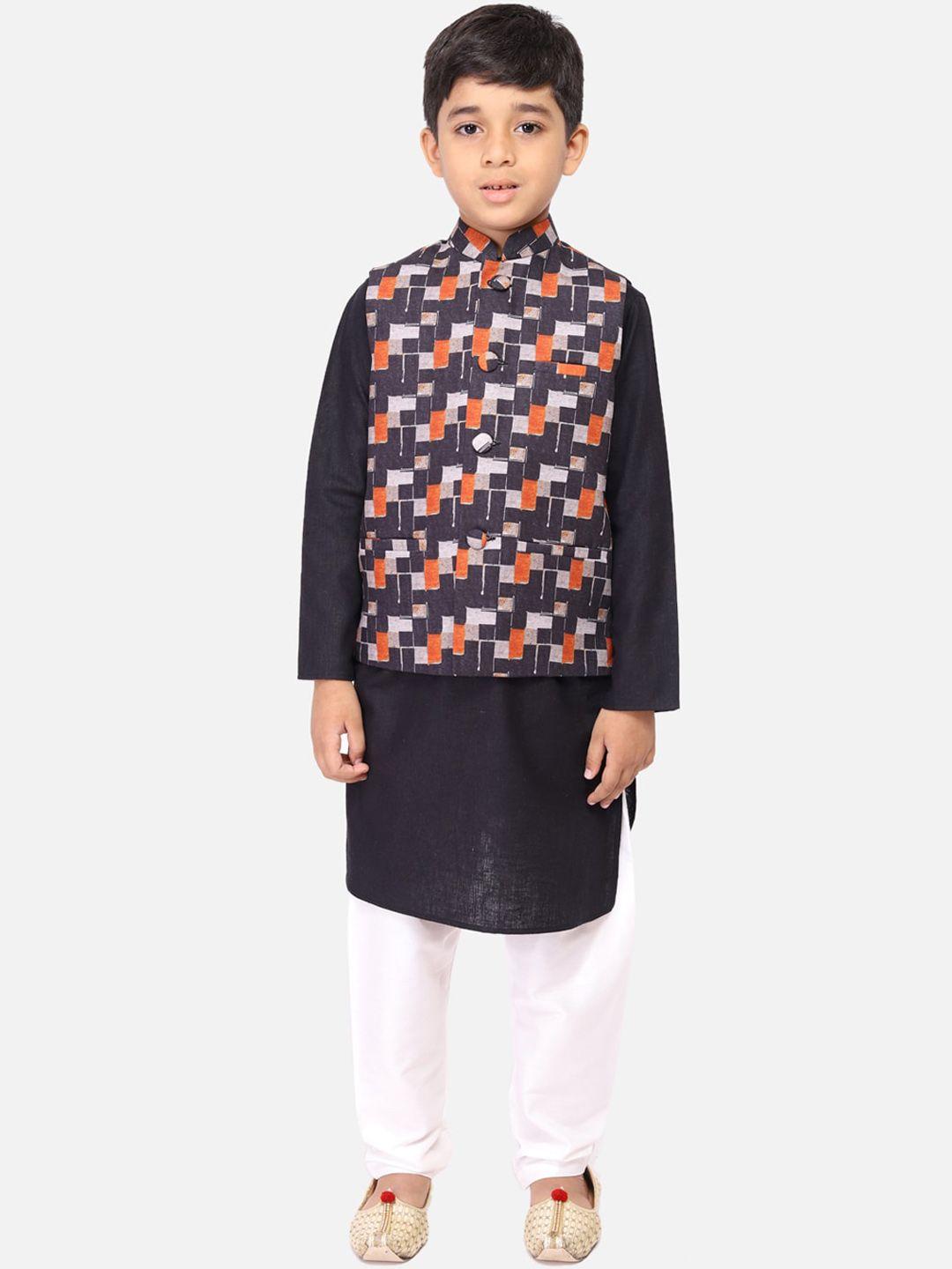 tabard boys black & white regular straight pure cotton kurta & pyjamas with nehru jacket
