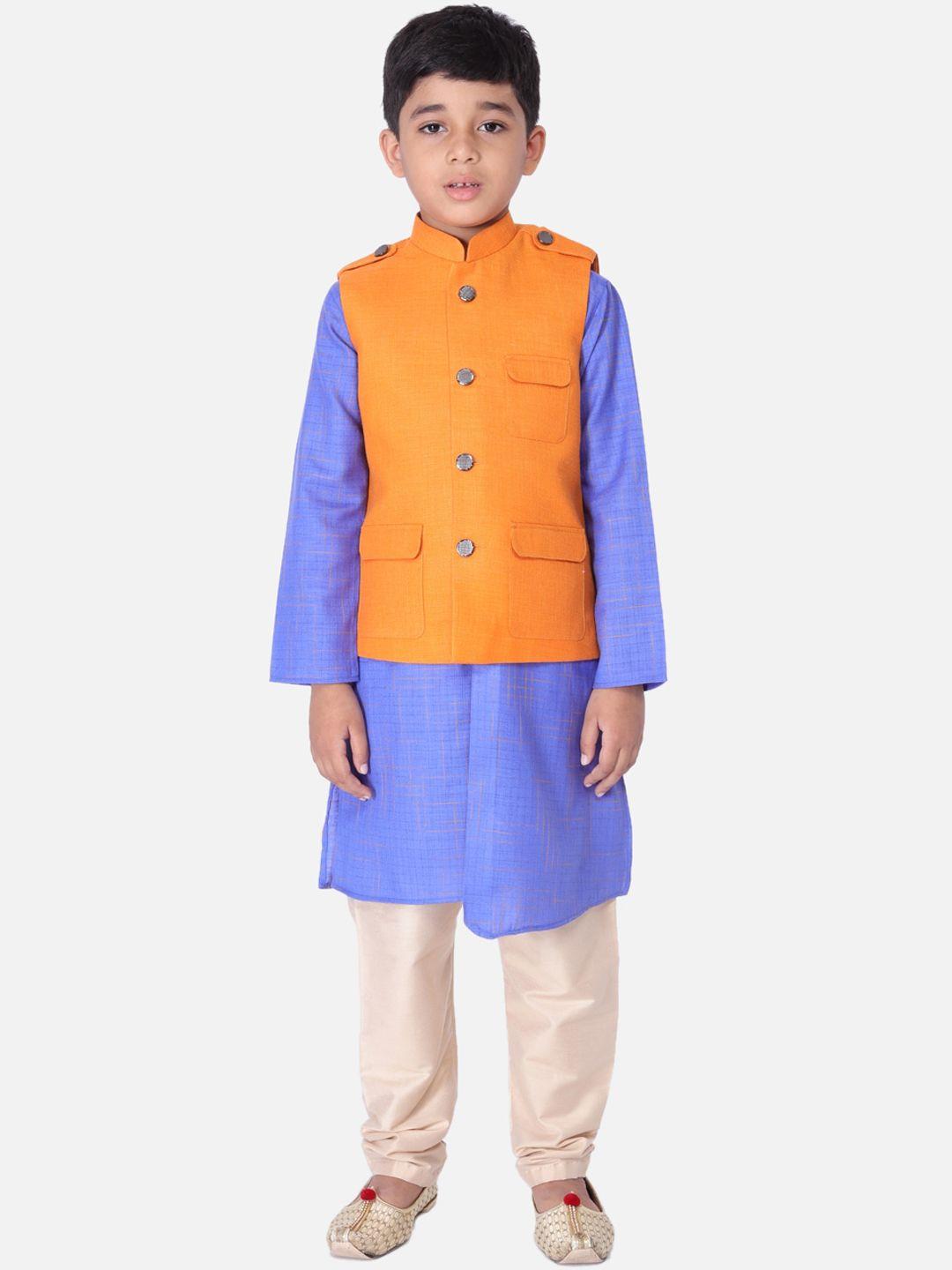 tabard boys blue & cream-coloured regular straight pure cotton kurta set with jacket