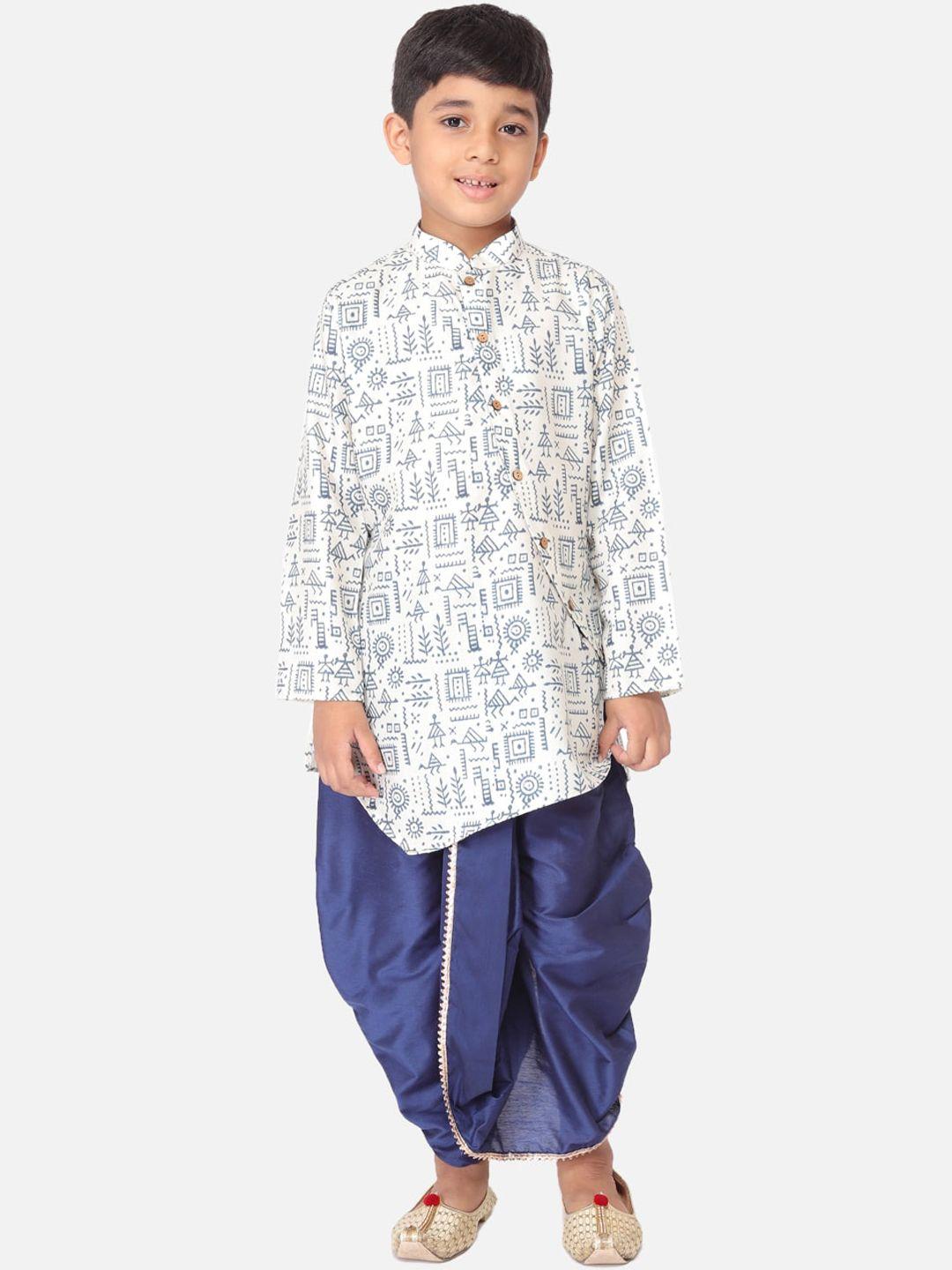 tabard boys blue & white printed kurta with dhoti pants
