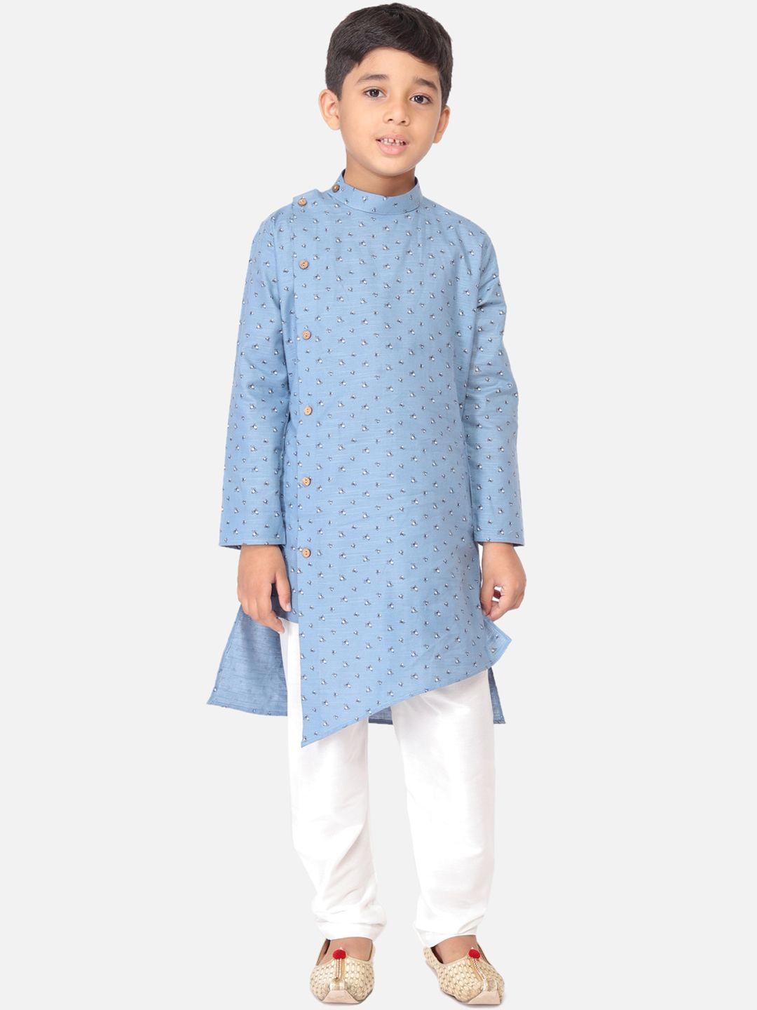 tabard boys blue & white printed pure cotton kurta with trousers