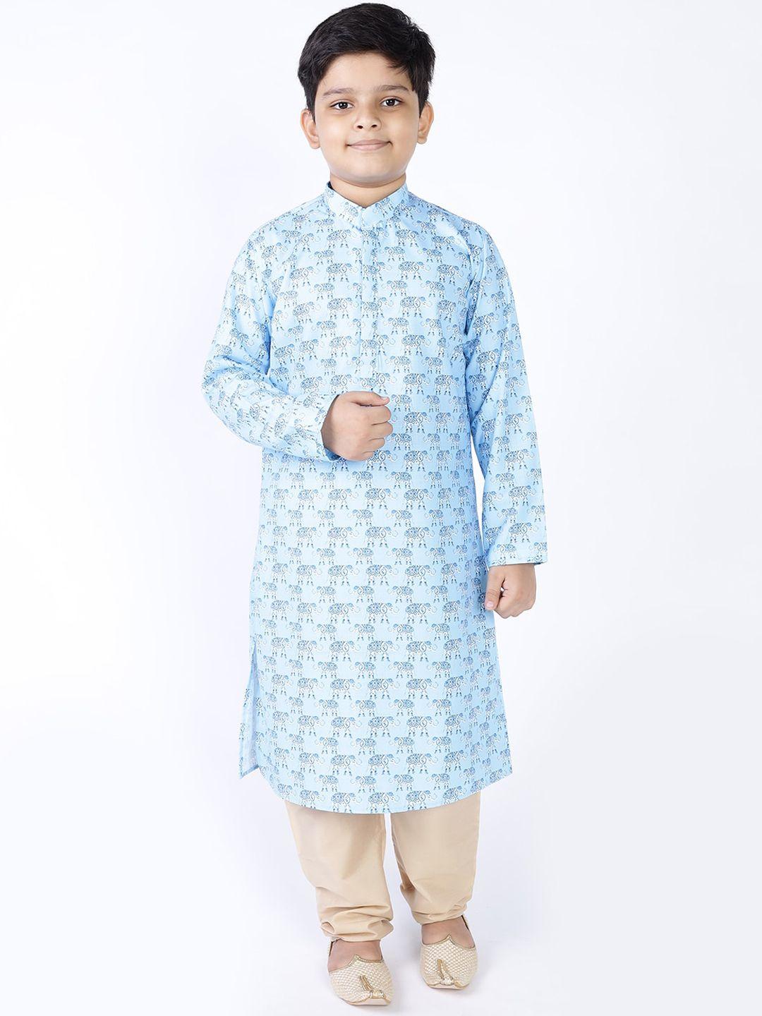 tabard boys blue ethnic motifs printed pure cotton kurta with churidar