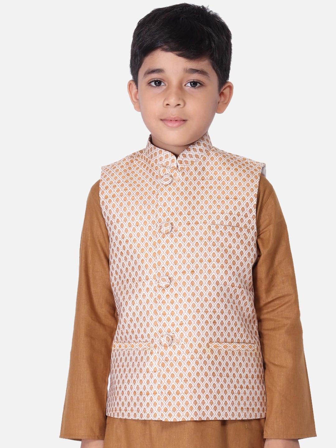 tabard boys brown & cream-coloured woven design nehru jacket
