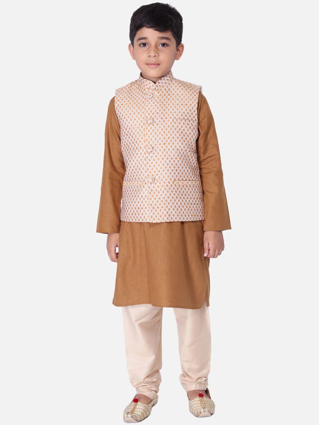 tabard boys brown & off white regular pure cotton kurta with churidar with nehru jacket