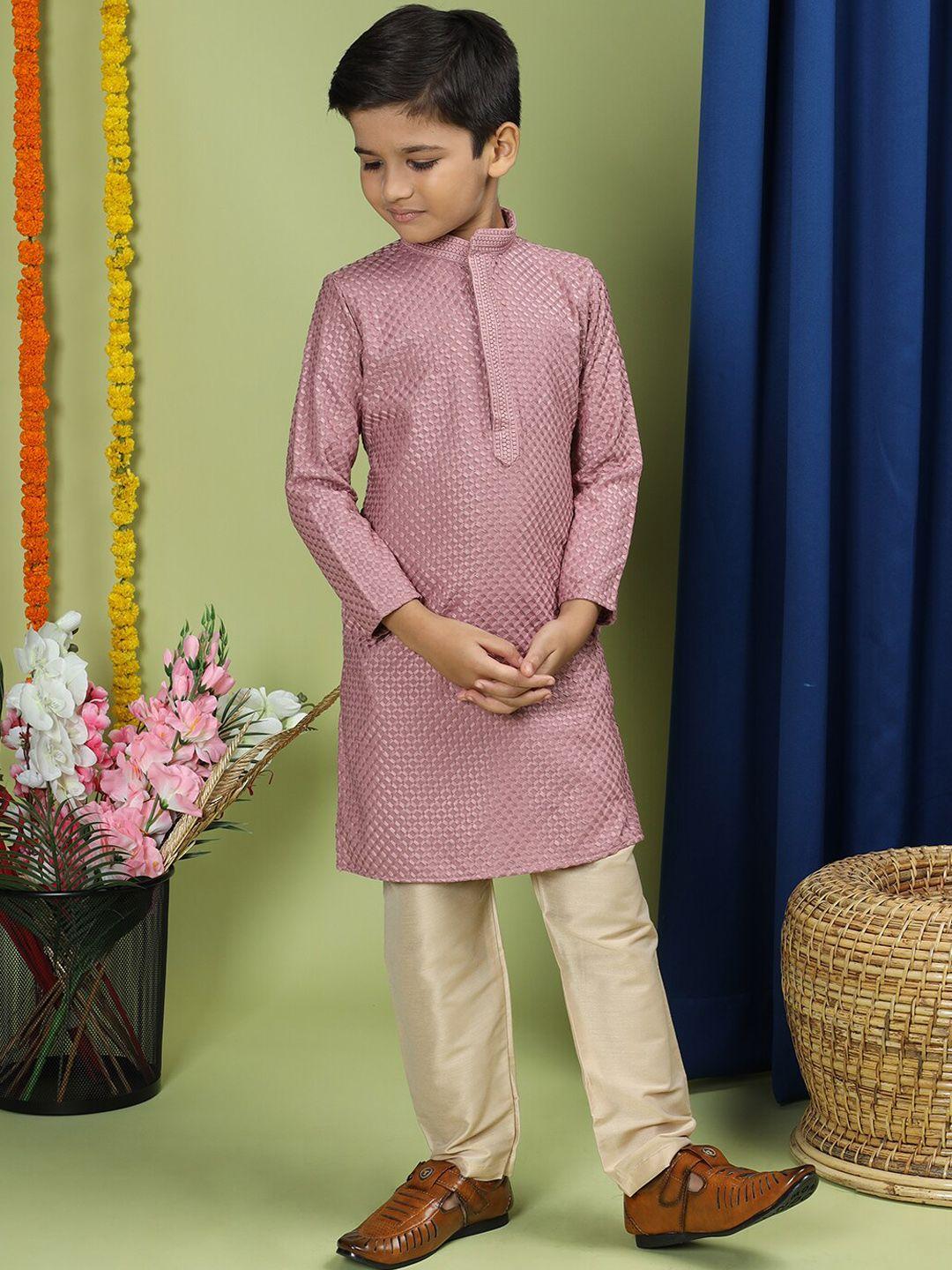 tabard boys geometric embroidered band collar regular pure cotton kurta with pyjamas