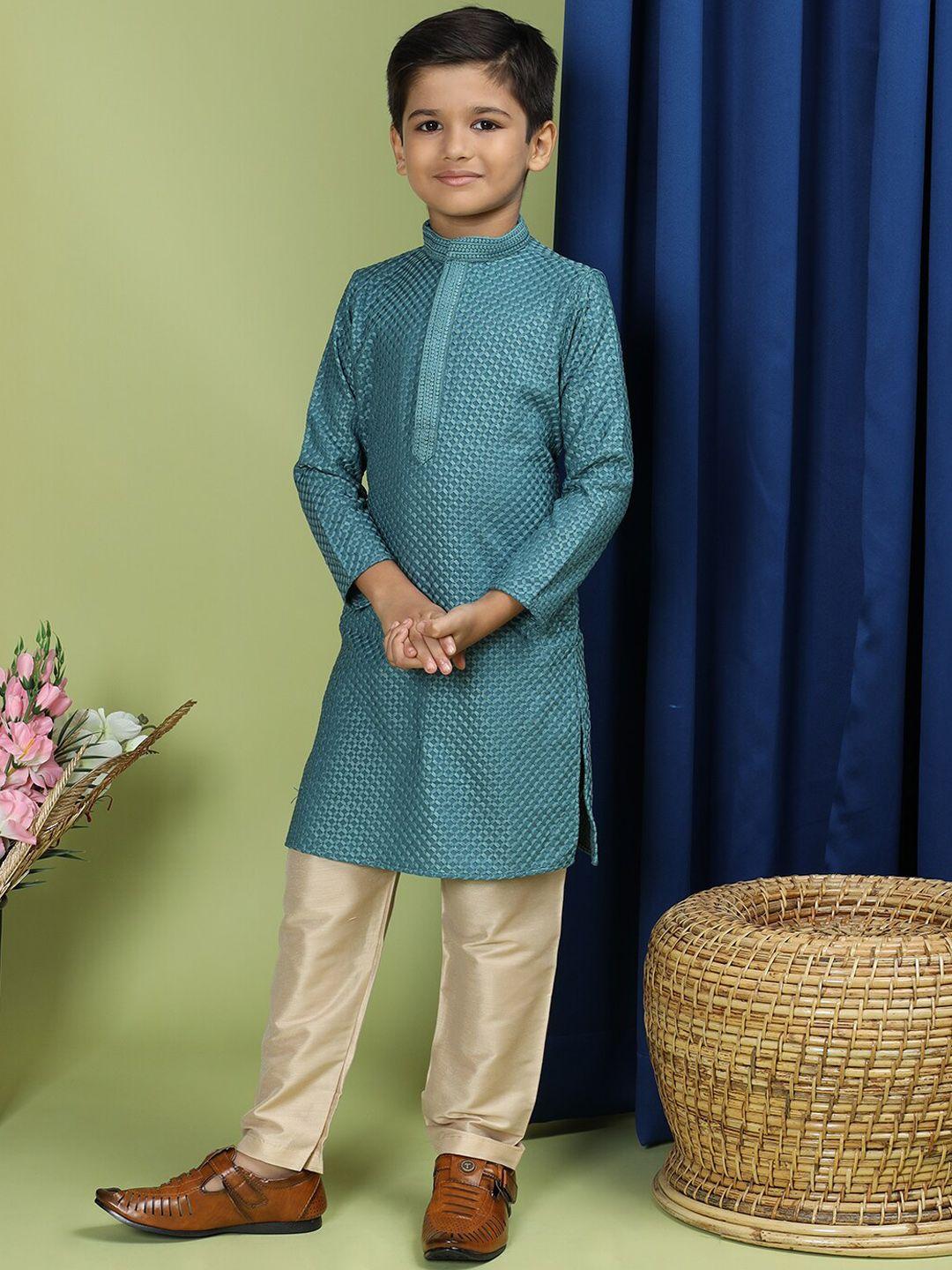 tabard boys geometric embroidered mandarin collar pure cotton kurta with pyjamas