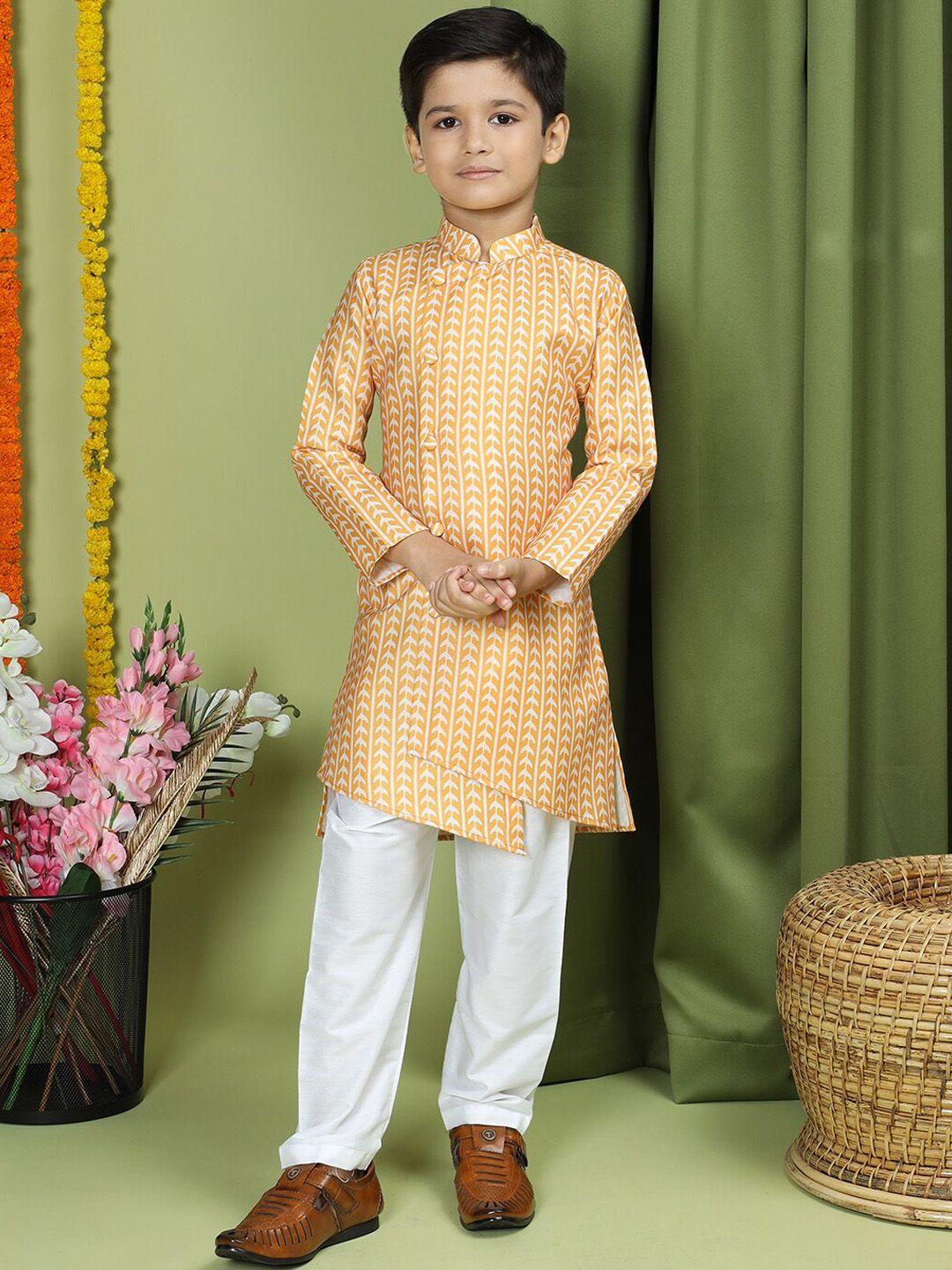 tabard boys geometric printed mandarin collar long sleeves pure cotton kurta with churidar