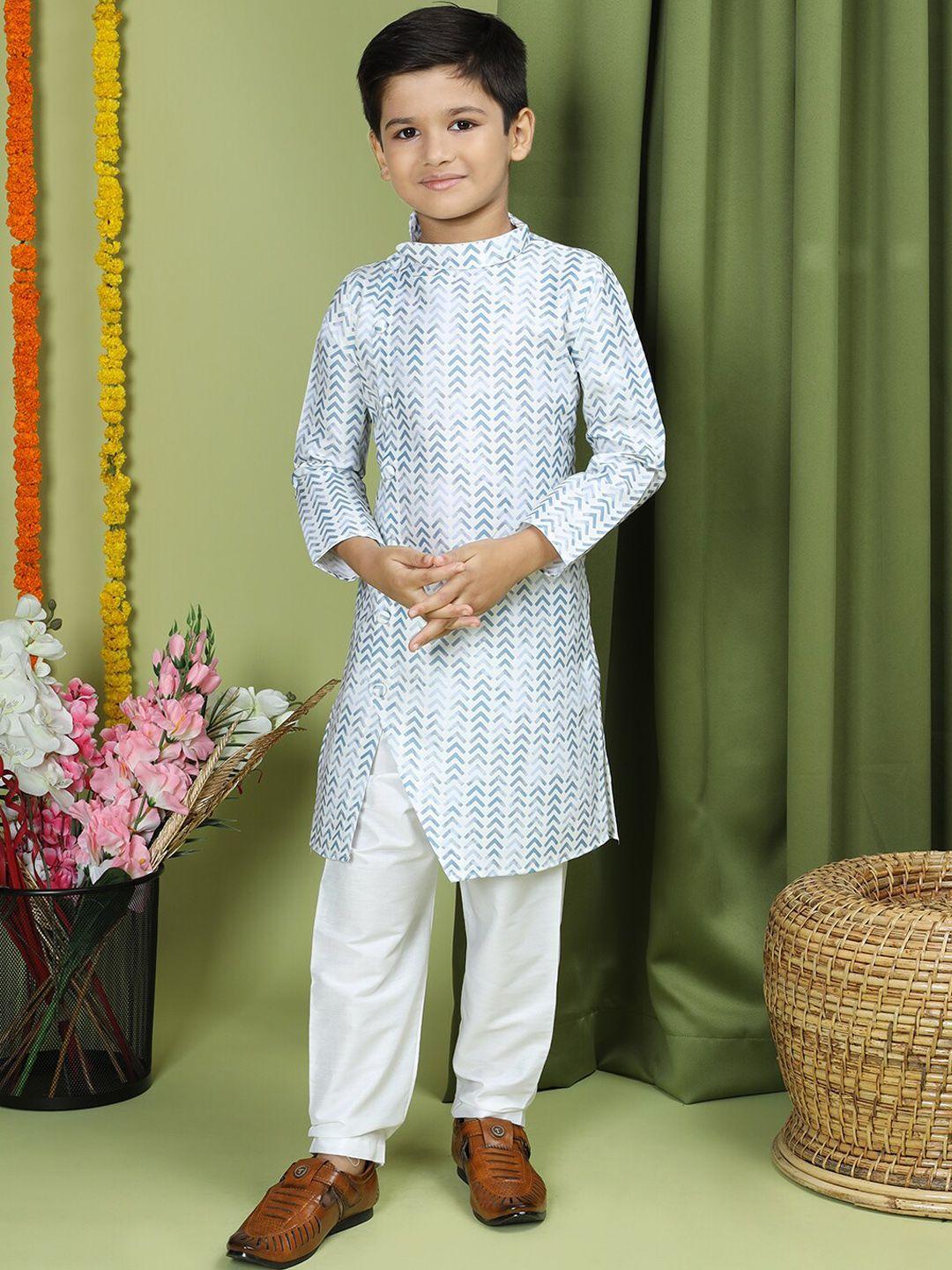 tabard boys geometric printed mandarin collar long sleeves pure cotton kurta with churidar