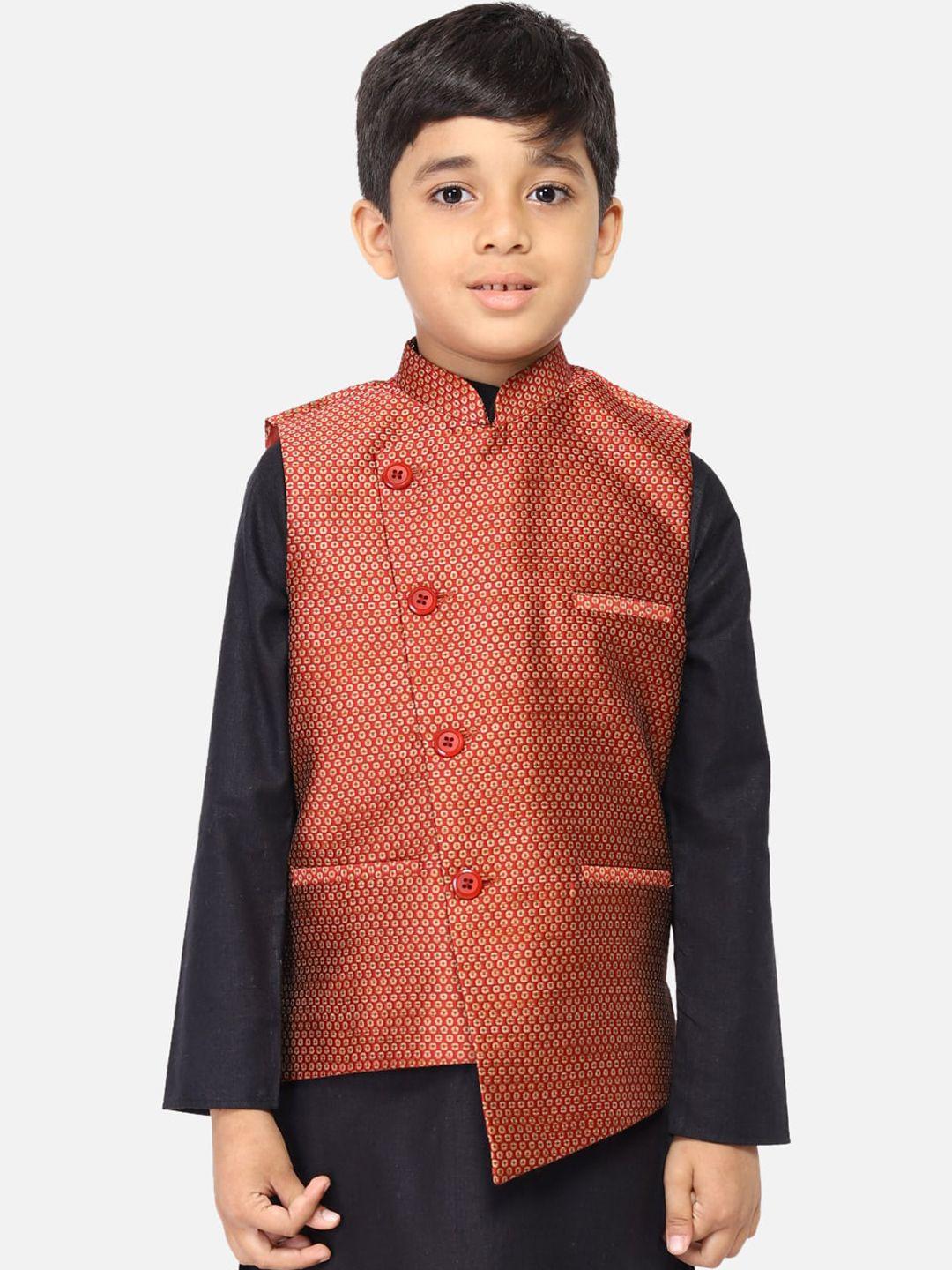 tabard boys maroon & gold-coloured woven design nehru jacket