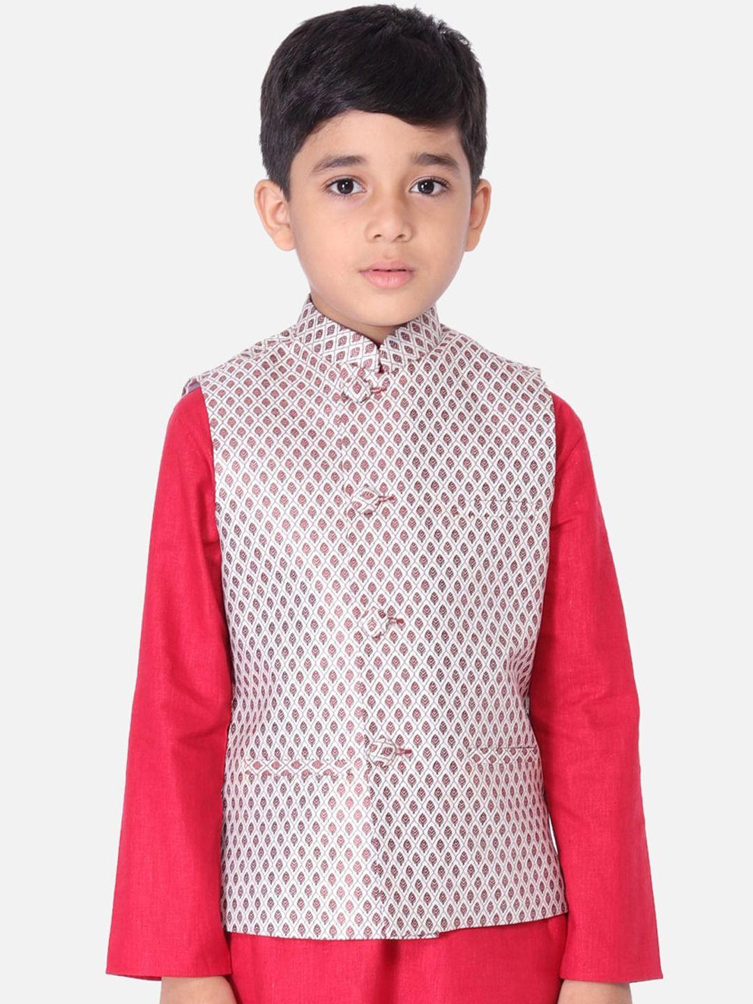 tabard boys maroon & white printed woven nehru jacket